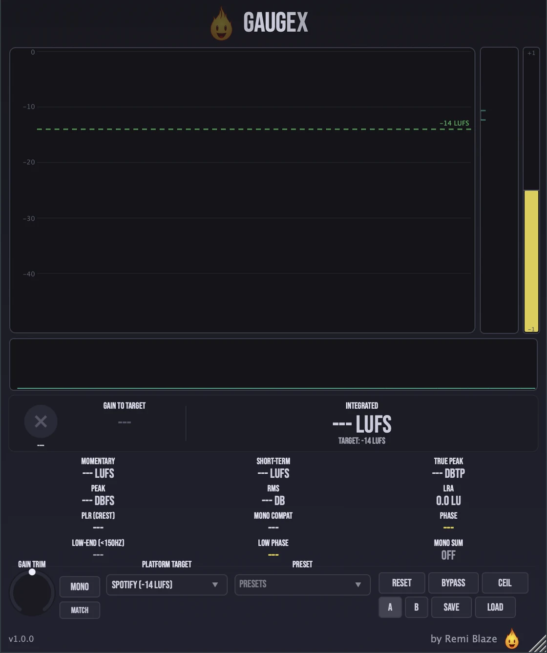 Gaugex: Loudness Meter & Level Manager: plugin interface for Mac and Windows