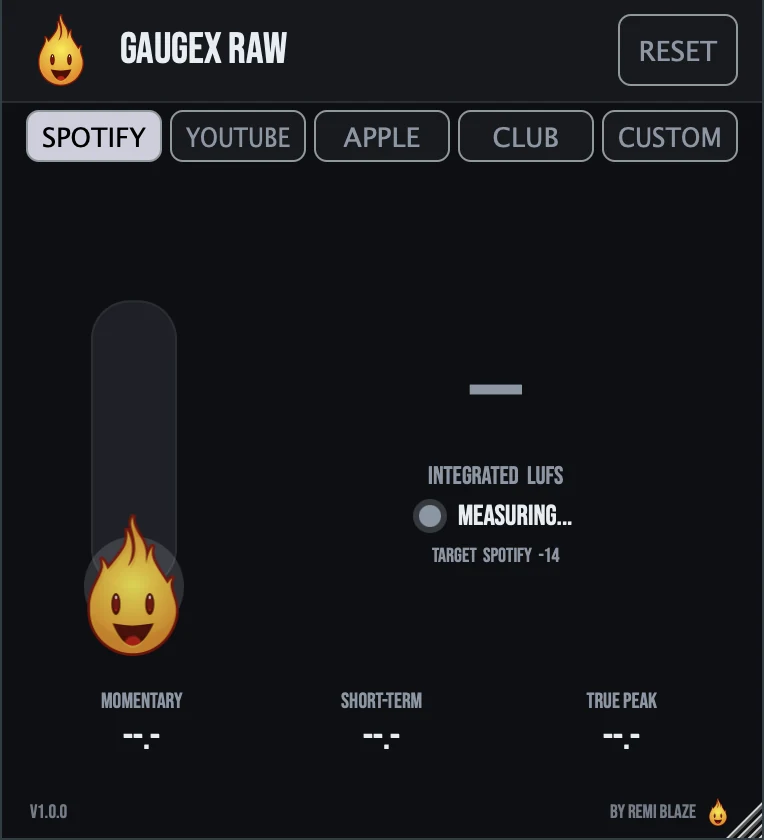 Gaugex Raw: Streaming LUFS Meter: plugin interface for Mac and Windows
