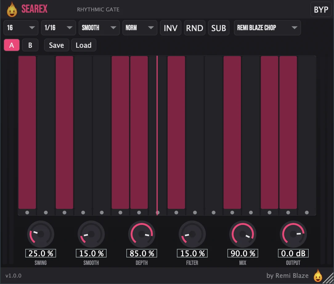 Searex: Rhythmic Gate & Groove Architect: plugin interface for Mac and Windows
