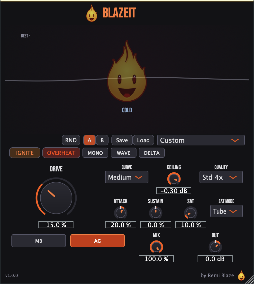 Blazeit — Saturation Clipper & Transient Shaper — plugin interface for macOS (AU, VST3, Standalone)