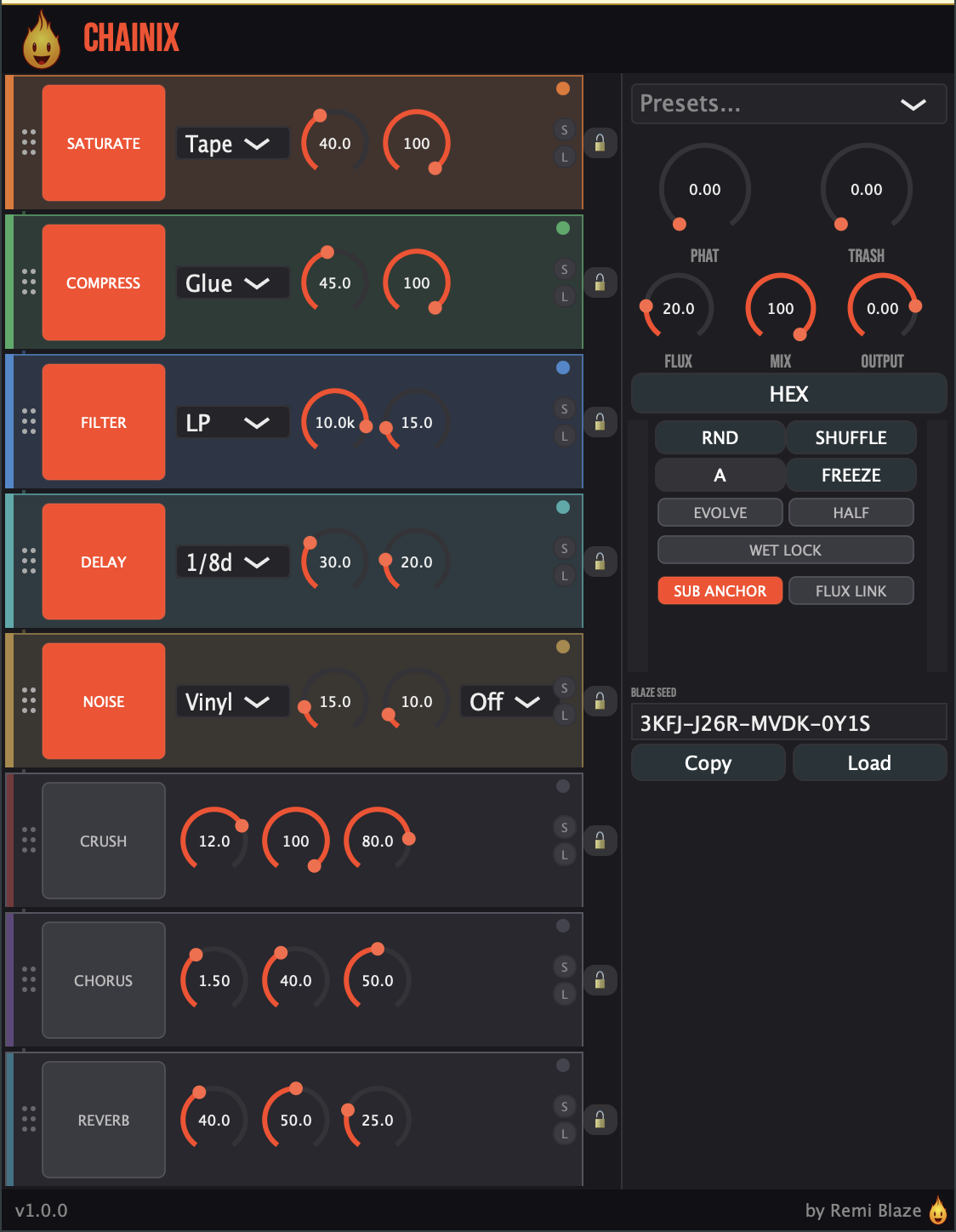 Chainix — An 8-module multi-FX chain processor — plugin interface for macOS (AU, VST3, Standalone)