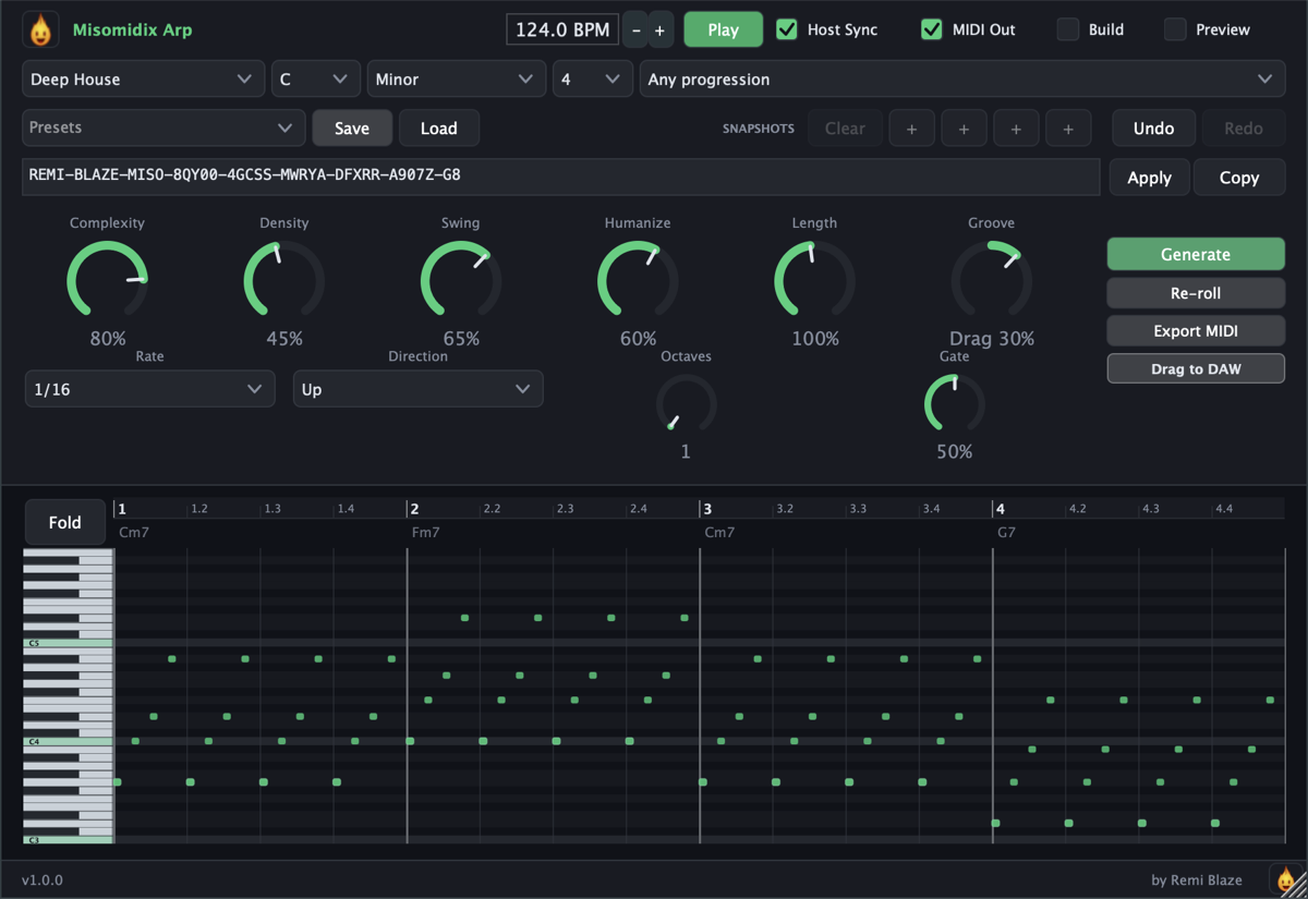 MisomidixArp, Arp MIDI Generator, plugin interface for macOS (AU, VST3, CLAP, AAX, Standalone)