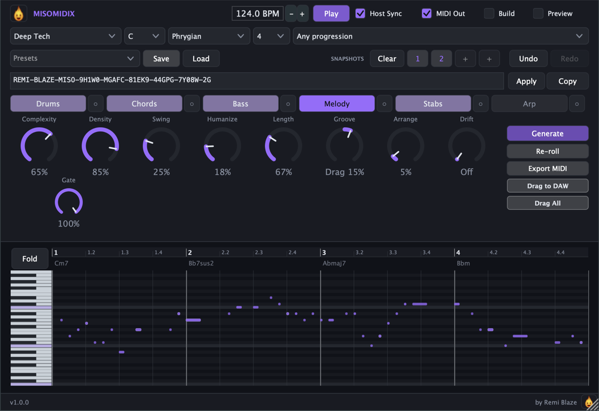 Misomidix, Genre-Driven MIDI Generator, plugin interface for macOS (AU, VST3, CLAP, AAX, Standalone)