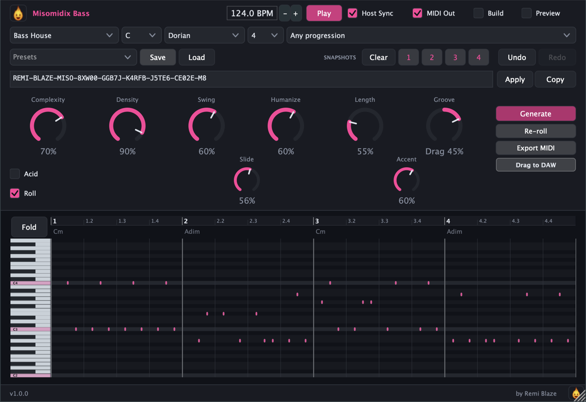 MisomidixBass, Bass MIDI Generator, plugin interface for macOS (AU, VST3, CLAP, AAX, Standalone)
