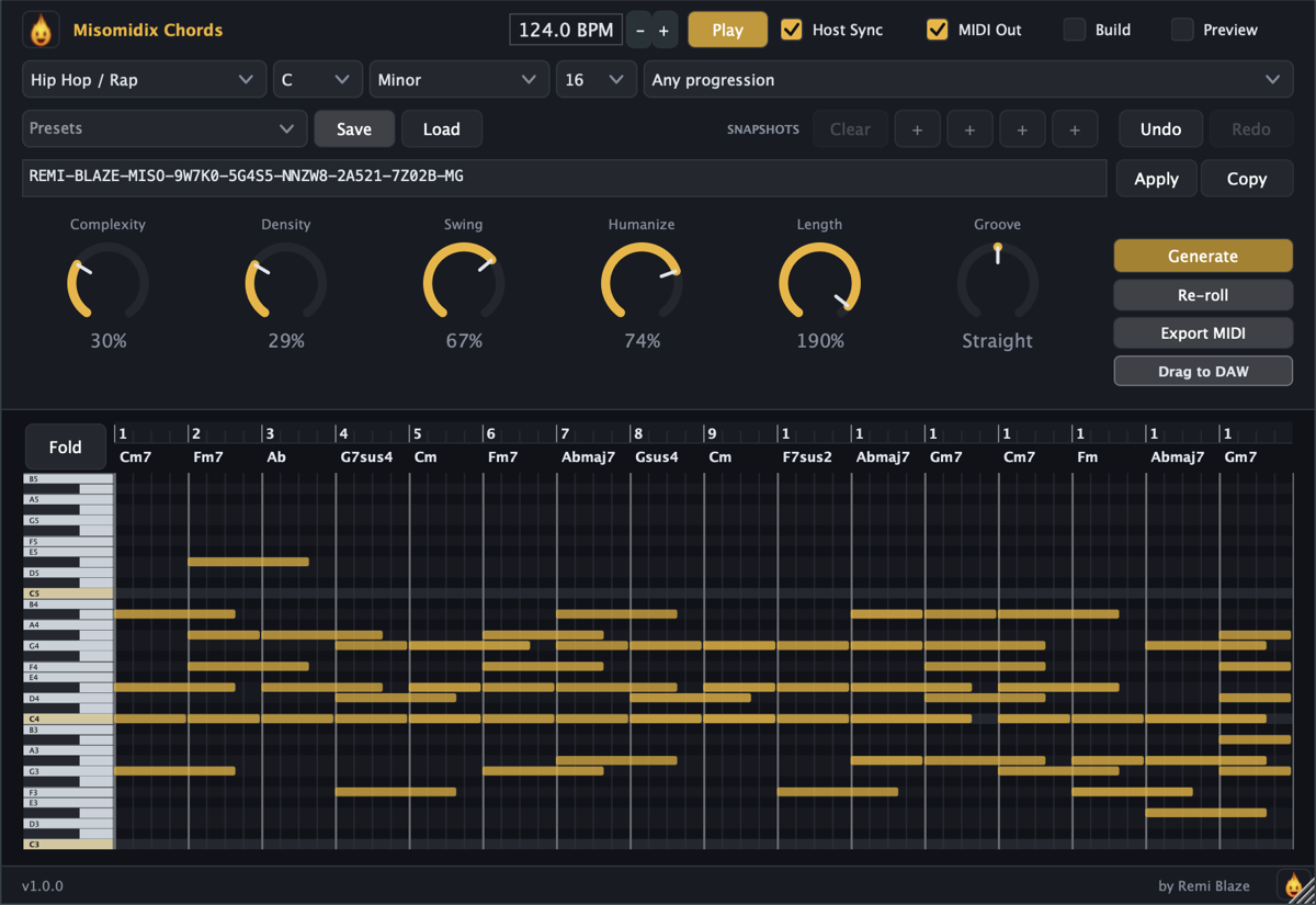 MisomidixChords, Chord MIDI Generator, plugin interface for macOS (AU, VST3, CLAP, AAX, Standalone)