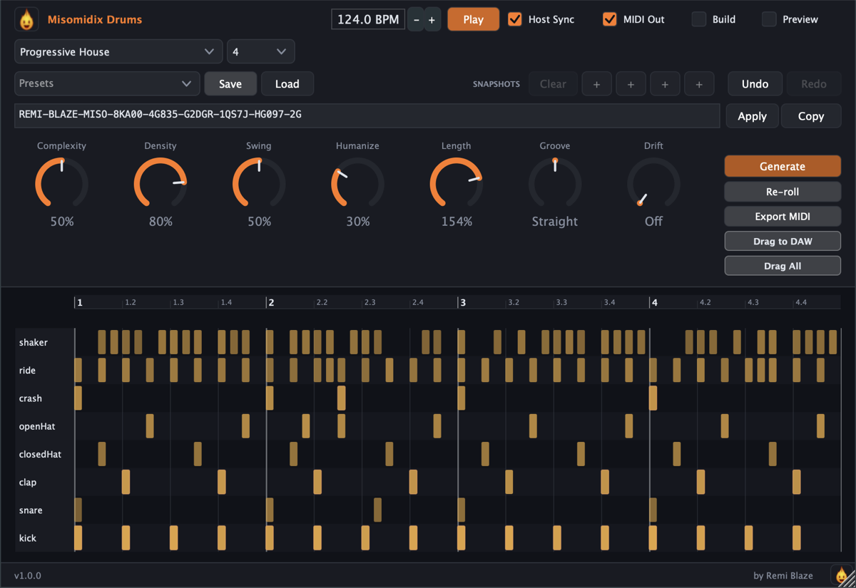 MisomidixDrums, Drum MIDI Generator, plugin interface for macOS (AU, VST3, CLAP, AAX, Standalone)