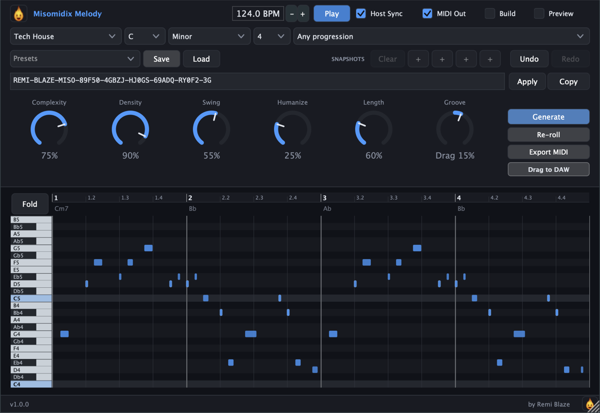 MisomidixMelody, Melody MIDI Generator, plugin interface for macOS (AU, VST3, CLAP, AAX, Standalone)