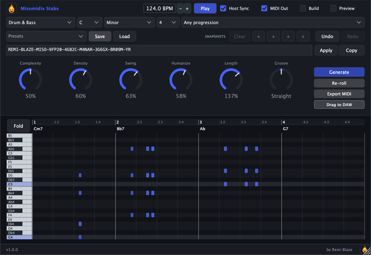 MisomidixStabs, Stabs MIDI Generator, plugin interface for macOS (AU, VST3, CLAP, AAX, Standalone)